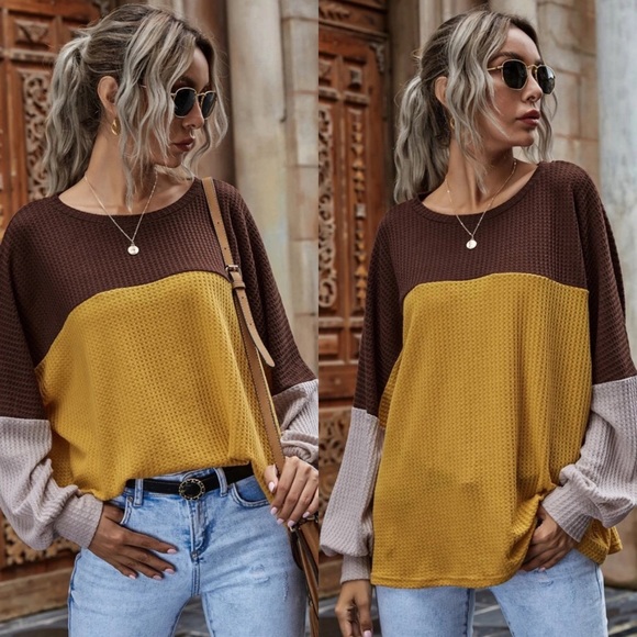 Long Sleeve Waffle Knit Color Block Top - Picture 3 of 4